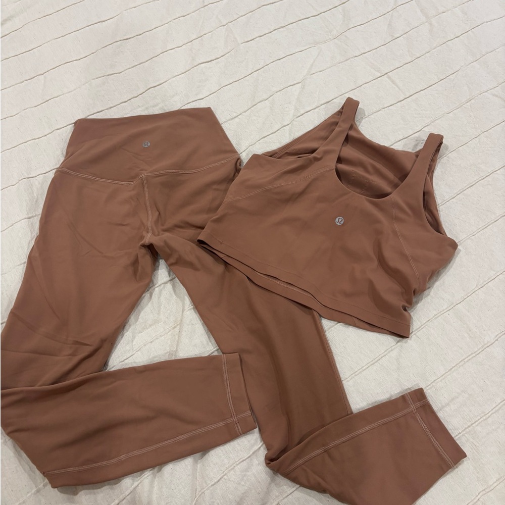 Lululemon Ribbed Waist High-Rise Leggings & Sports Bra Set - Brown